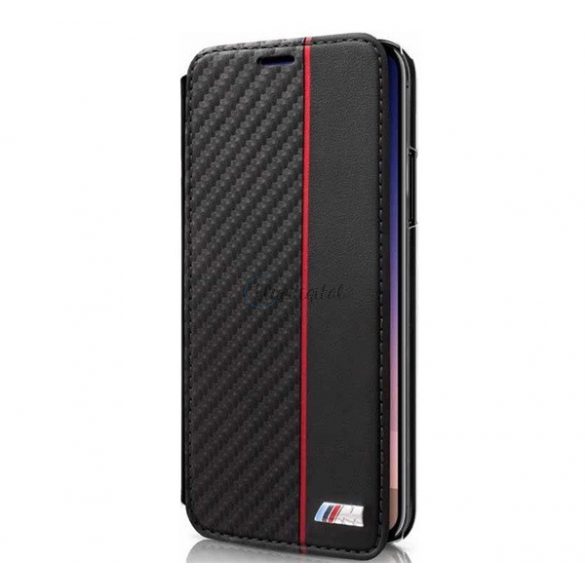 CG MOBILE Protecție din plastic BMW pentru telefon (FLIP cu efect piele, spate transparent, deschidere laterală, model carbon) NEGRU Apple iPhone X 5.8, Apple iPhone XS 5.8