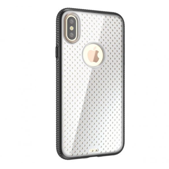 Protectie din plastic pentru telefon (cadru din silicon, rezistenta medie la impact, spate acrilic transparent, model de gauri, decupaj logo) NEGRU Apple iPhone X 5.8, Apple iPhone XS 5.8