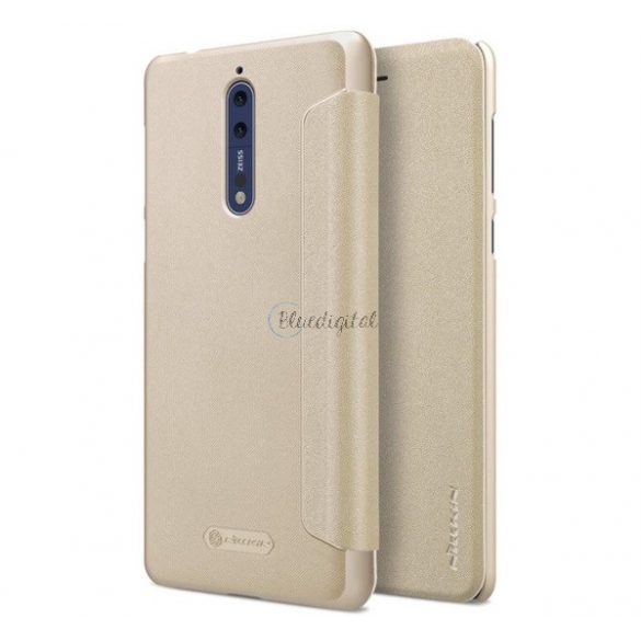 Protector de telefon din plastic NILLKIN SPARKLE (Flip cu efect de piele din microfibră, deschidere laterală) GOLD Nokia 8