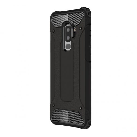 Protecție din plastic pentru telefon Defender (rezistentă la șocuri, călcâi cu pernă de aer, interior din silicon, efect metalic) negru Samsung Galaxy S9 Plus (SM-G965)