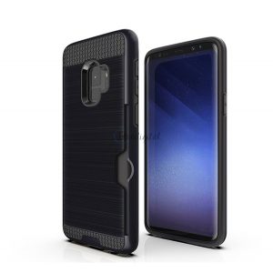 Protectie din plastic pentru telefon (interior din silicon, rezistenta medie la impact, suport card bancar, model periat) NEGRU Samsung Galaxy S9 (SM-G960)