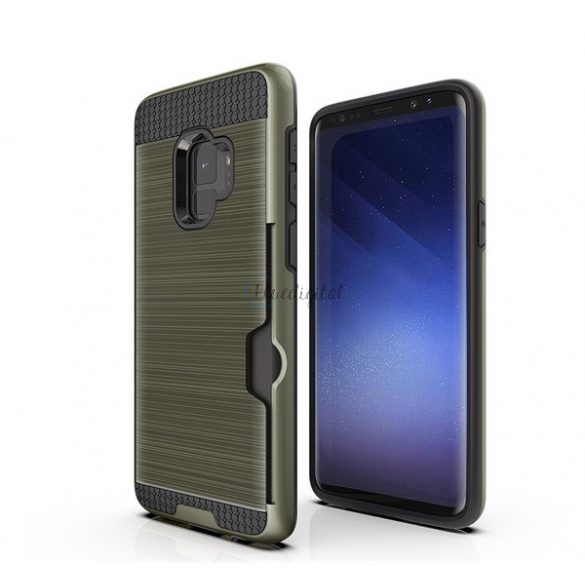 Protecție din plastic pentru telefon (interior din silicon, rezistență medie la impact, suport card bancar, model periat) VERDE ÎNCHIS Samsung Galaxy S9 (SM-G960)