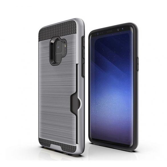 Protectie din plastic pentru telefon (interior din silicon, rezistenta medie la impact, suport card bancar, model periat) ARGINTIE Samsung Galaxy S9 (SM-G960)