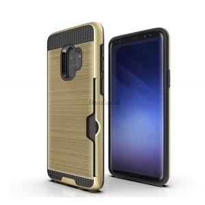 Protecție din plastic pentru telefon (interior din silicon, rezistență medie la impact, suport card bancar, model periat) GOLD Samsung Galaxy S9 (SM-G960)