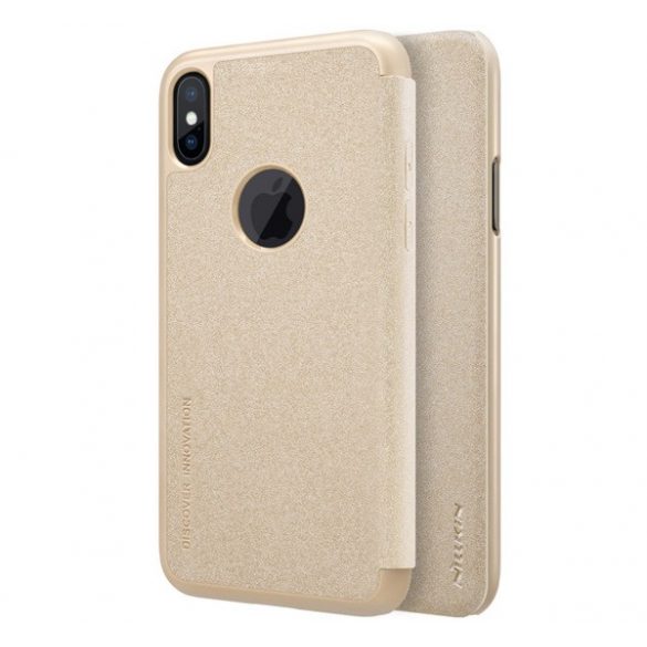 NILLKIN SPARKLE protecție din plastic pentru telefon (microfibră efect piele FLIP, deschidere laterală, decupaj logo) GOLD Apple iPhone X 5.8, Apple iPhone XS 5.8