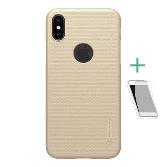 Protector de telefon din plastic NILLKIN SUPER FROSTED (cauciucat, suprafață rugoasă, decupaj logo + folie de protecție pentru ecran) GOLD Apple iPhone X 5.8, Apple iPhone XS 5.8