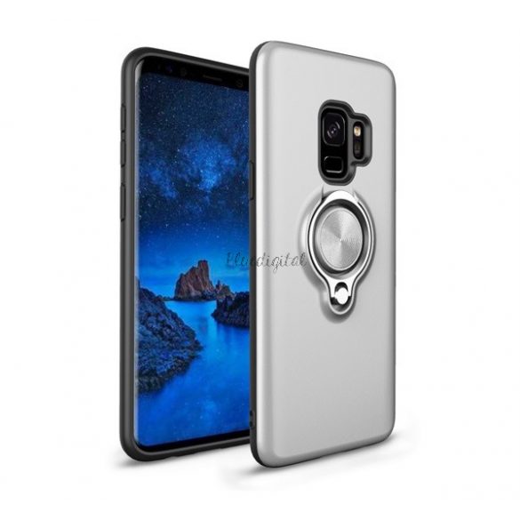 Protecție din plastic pentru telefon (interior din silicon, rezistență medie la impact, inel de suport pentru telefon, rotativ la 360°) ARGINT Samsung Galaxy S9 (SM-G960)