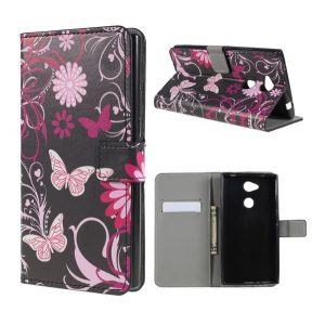 Husă stativă, efect piele (FLIP, deschidere laterală, desktop, fluture, model floral) negru Sony Xperia L2 (H4311)