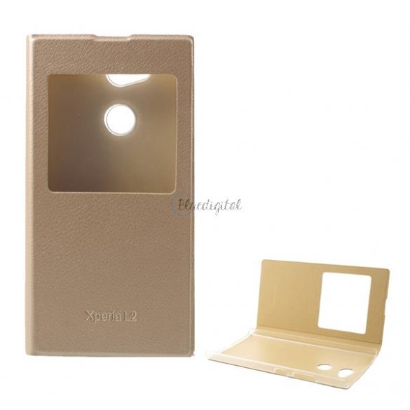 Carcasă în picioare, efect piele (FLIP, deschidere laterală, fereastră de vizualizare) GOLD Sony Xperia L2 (H4311)