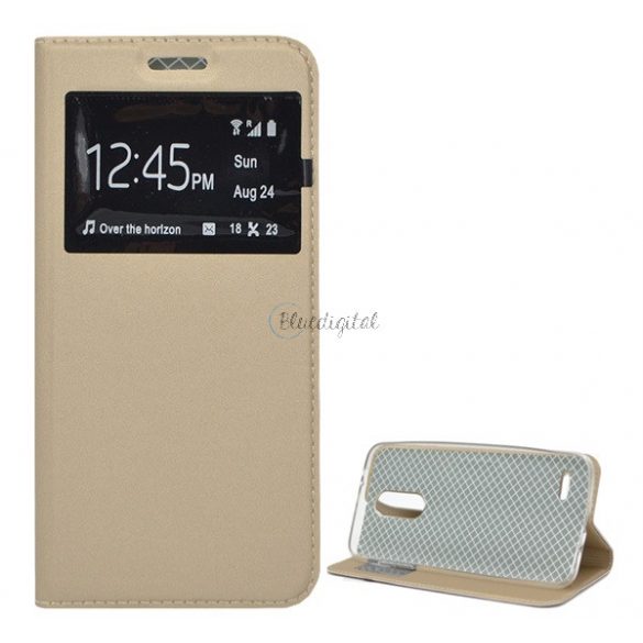 Carcasa in picioare, efect piele (FLIP, deschidere laterala, functie suport de masa, fereastra de vizualizare) GOLD LG K9 K350 (K8 2018)