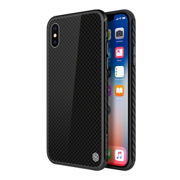 Cadru de protecție din silicon pentru telefon NILLKIN CALIT PLAID (BUMPER, spate din sticlă călită, model pătrat) NEGRU Apple iPhone X 5.8, Apple iPhone XS 5.8