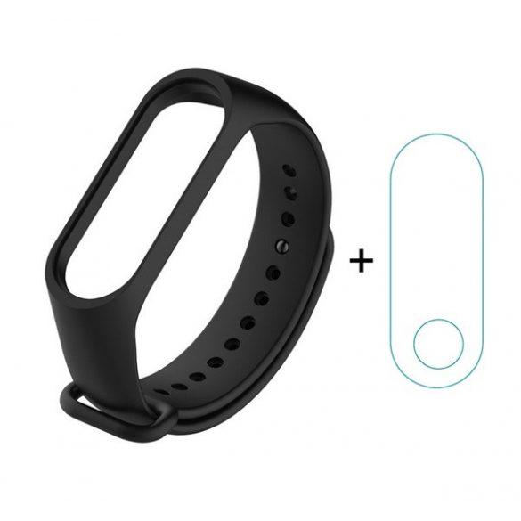 Cadru din silicon (dimensiune personalizată, curea din silicon + ecran complet, protector de ecran PET) NEGRU Xiaomi MI Band 3, Xiaomi MI Band 4