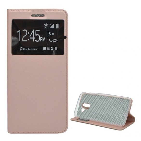 Husă în picioare, efect piele (FLIP, deschidere laterală, funcție de suport pentru desktop, fereastră de vizualizare) ROSE GOLD Samsung Galaxy J6 (2018) SM-J600F