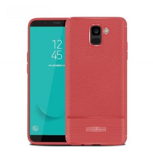 Protector de telefon din silicon (rezistenta la impact mediu, efect piele, periat) ROSU Samsung Galaxy J6 (2018) SM-J600F