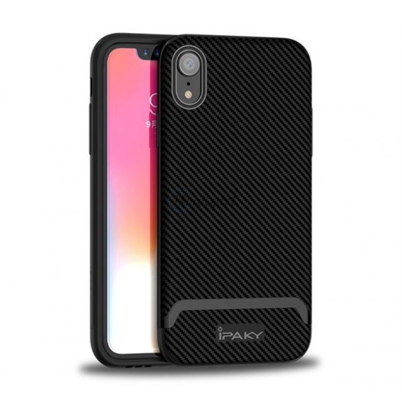 Protector de telefon din silicon IPAKY (cadru din plastic, rezistenta medie la impact, model carbon) NEGRU Apple iPhone XR 6.1