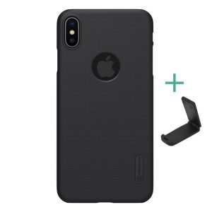 NILLKIN SUPER FROSTED plastic protecțiede telefon (cauciucat, suprafață aspră, decupaj logo + suport desktop) negru Apple iPhone XS Max 6.5