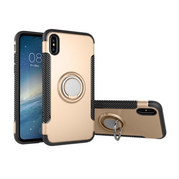 Protecție din plastic pentru telefon (cadru din silicon, suport desktop, inel suport telefon, placă metalică încorporată, model de carbon) GOLD Apple iPhone X 5.8, Apple iPhone XS 5.8