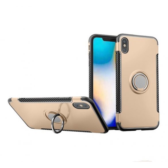 Protectie din plastic pentru telefon (cadru din silicon, functie de suport de birou, inel de suport pentru telefon, placa metalica incorporata, model carbon) GOLD Apple iPhone XS Max 6.5