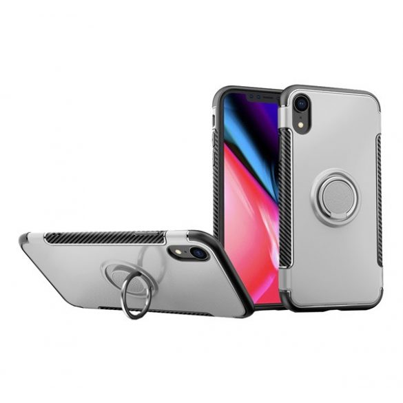 Protectie din plastic pentru telefon (cadru din silicon, functie de suport de birou, inel de suport pentru telefon, placa metalica incorporata, model carbon) SILVER Apple iPhone XR 6.1