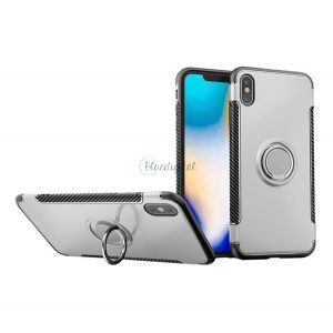 Protectie din plastic pentru telefon (cadru din silicon, functie de suport de birou, inel de suport pentru telefon, placa metalica incorporata, model carbon) SILVER Apple iPhone XS Max 6.5