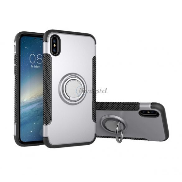 Protectie din plastic pentru telefon (cadru din silicon, functie de suport de birou, inel de suport pentru telefon, placa metalica incorporata, model carbon) SILVER Apple iPhone X 5.8, Apple iPhone XS 5.8