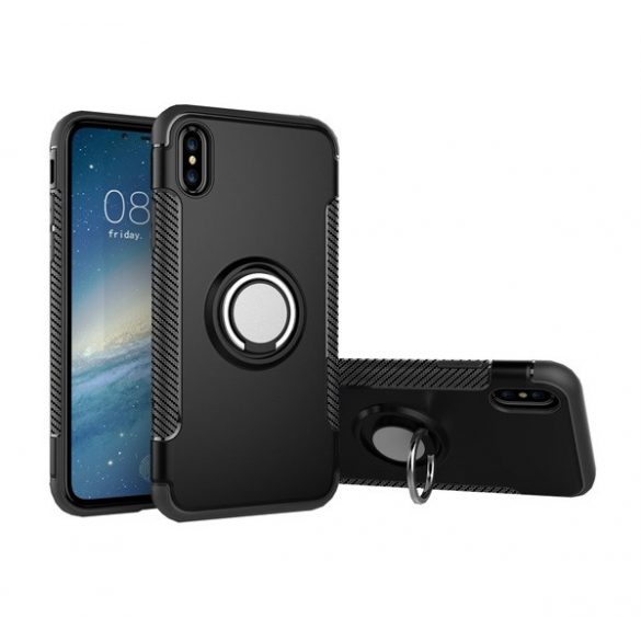 Protectie din plastic pentru telefon (cadru din silicon, functie de suport de birou, inel de suport pentru telefon, placa metalica incorporata, model carbon) NEGRU Apple iPhone X 5.8, Apple iPhone XS 5.8