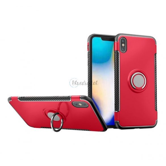 Protectie din plastic pentru telefon (cadru din silicon, functie de suport de birou, inel de suport pentru telefon, placa metalica incorporata, model carbon) RED Apple iPhone XS Max 6.5