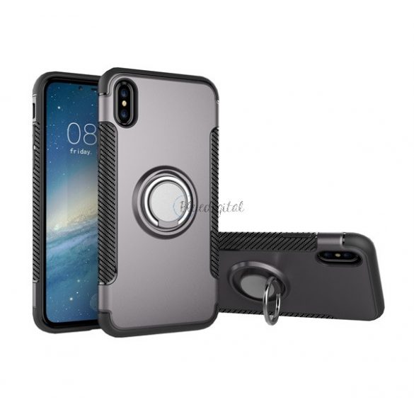 Protectie din plastic pentru telefon (cadru din silicon, functie de suport de birou, inel de suport pentru telefon, placa metalica incorporata, model carbon) GRI Apple iPhone XS 5.8, Apple iPhone X 5.8