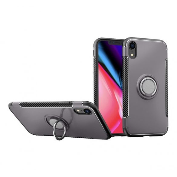 Protecție din plastic pentru telefon (cadru din silicon, suport desktop, inel suport telefon, placă metalică încorporată, model de carbon) GREY Apple iPhone XR 6.1