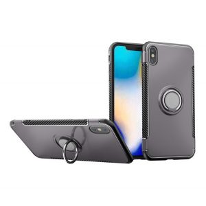 Protecție din plastic pentru telefon (cadru din silicon, suport desktop, inel suport telefon, placă metalică încorporată, model de carbon) GREY Apple iPhone XS Max 6.5