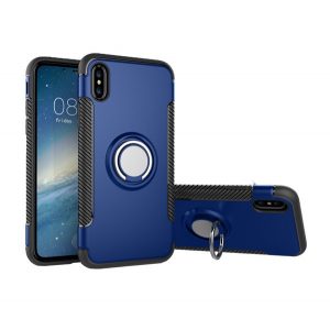 Protector din plastic pentru telefon (cadru din silicon, suport pentru masă, inel pentru suport pentru telefon, placă metalică încorporată, model carbon) ALBASTRU ÎNCHIS Apple iPhone X 5.8, Apple iPhone XS 5.8