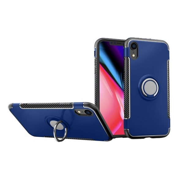 Protecție din plastic pentru telefon (cadru din silicon, suport desktop, inel pentru telefon, placă metalică încorporată, model de carbon) BUTTON albastruApple iPhone XR 6.1