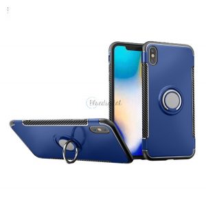 Protectie din plastic pentru telefon (cadru din silicon, suport de masa, inel suport telefon, placa metalica incorporata, model carbon) ALBASTRU INCHIS Apple iPhone XS Max 6.5