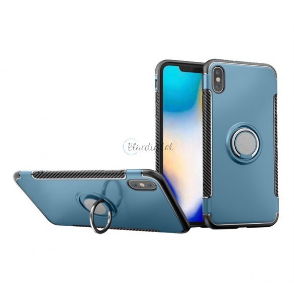 Protectie din plastic pentru telefon (cadru din silicon, suport pentru masa, inel pentru suport telefon, placa metalica incorporata, model carbon) ALBASTRU DESCHI Apple iPhone XS Max 6.5