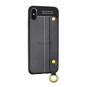 Protector de telefon din silicon (rezistenta medie la impact, efect piele, model de cusut, curea de incheietura) NEGRU Apple iPhone XS Max 6.5