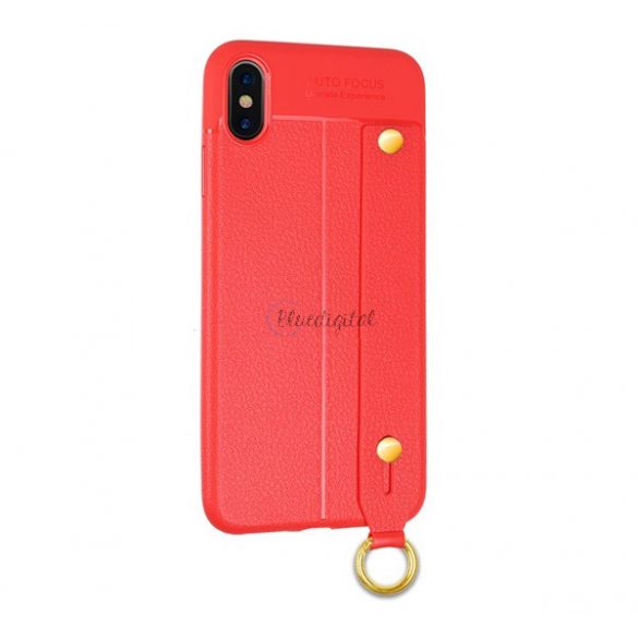 Protectie din silicon pentru telefon (rezistenta medie la impact, efect piele, model de cusut, bratara, decupaj logo) RED Apple iPhone XS 5.8, Apple iPhone X 5.8