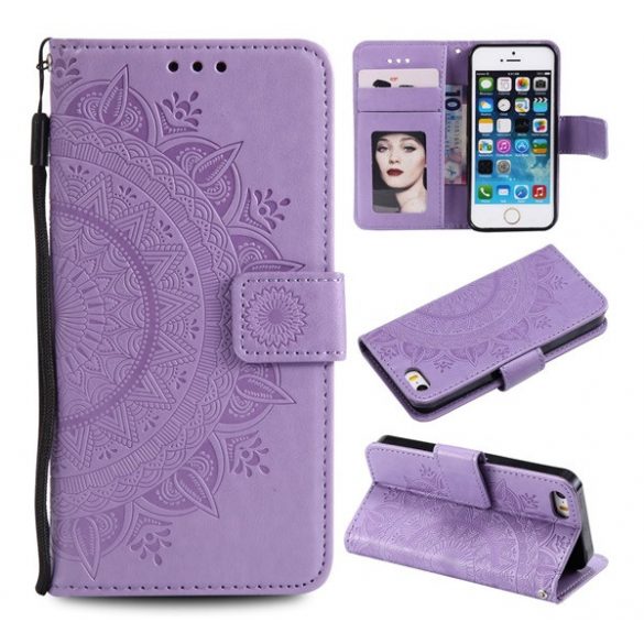 Husă stativă, efect piele (FLIP, deschidere laterală, desktop, curea de mână, model mandala) LILA Apple iPhone 5, Apple iPhone 5S, Apple iPhone SE (2016)