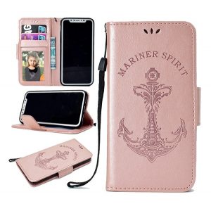 Carcasa in picioare, efect piele (FLIP, deschidere laterala, functie suport de masa, balama, model de pisica de fier) ​​ROSE GOLD Apple iPhone XS 5.8, Apple iPhone X 5.8