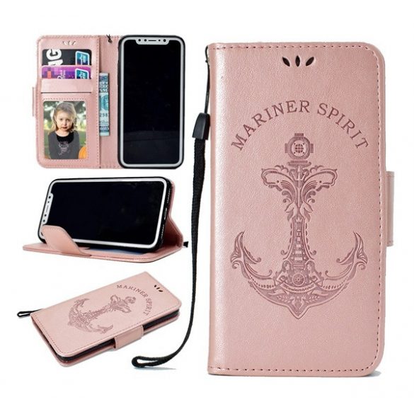 Carcasa in picioare, efect piele (FLIP, deschidere laterala, functie suport de masa, balama, model de pisica de fier) ​​ROSE GOLD Apple iPhone XS 5.8, Apple iPhone X 5.8