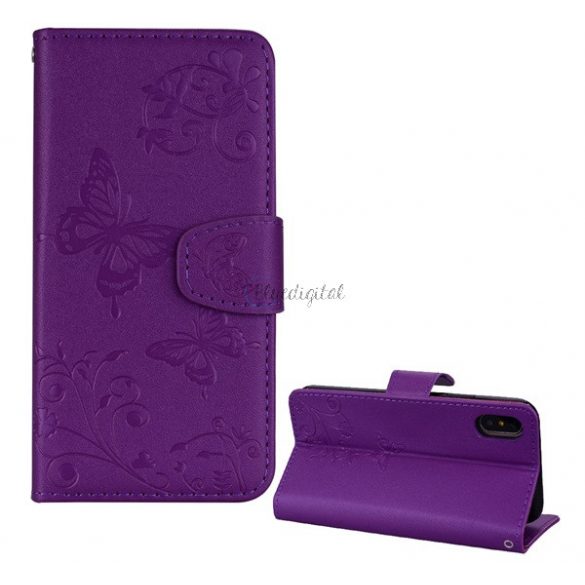 Carcasa in picioare, efect piele (FLIP, deschidere laterala, functie suport de masa, oglinda, model fluture) PURPLE Apple iPhone XS Max 6.5