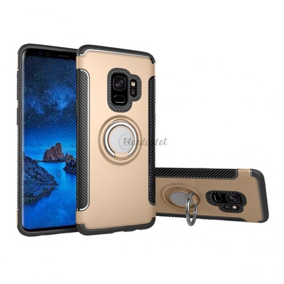 Protector din plastic pentru telefon (cadru din silicon, funcție de suport pentru birou, inel pentru suport pentru telefon, placă metalică încorporată, model carbon) AUR Samsung Galaxy S9 (SM-G960)