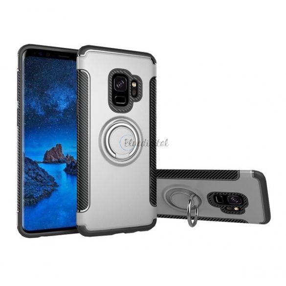 Protector din plastic pentru telefon (cadru din silicon, funcție de suport pentru birou, inel pentru suport pentru telefon, placă metalică încorporată, model de carbon) SILVER Samsung Galaxy S9 (SM-G960)