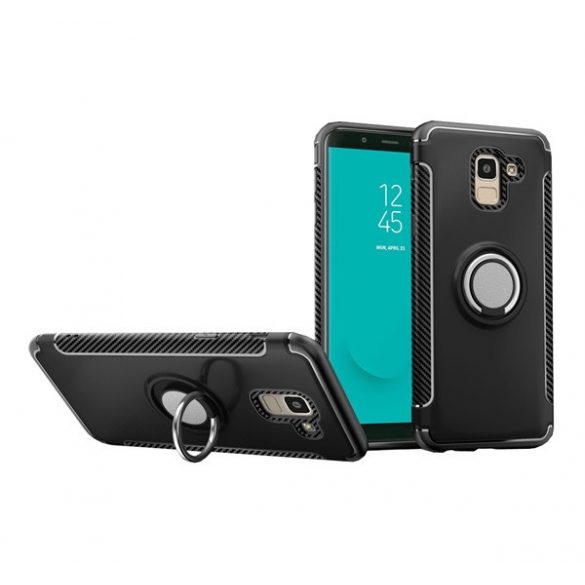 Protectie din plastic pentru telefon (cadru din silicon, functie de suport de birou, inel de suport pentru telefon, placa metalica incorporata, model carbon) NEGRU Samsung Galaxy J6 (2018) SM-J600F