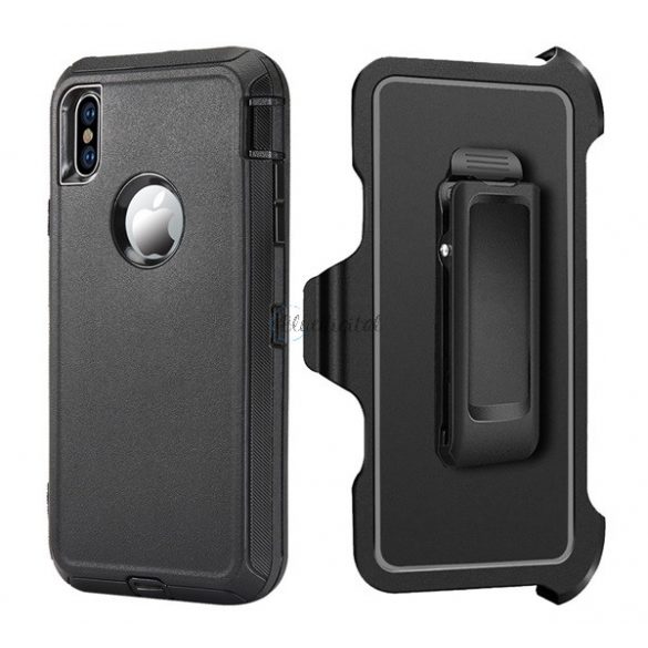 Protector de telefon din plastic Defender (rezistenta medie la impact, suport de birou, spate din silicon, protectie 360°, decupaj logo) NEGRU Apple iPhone XS Max 6.5