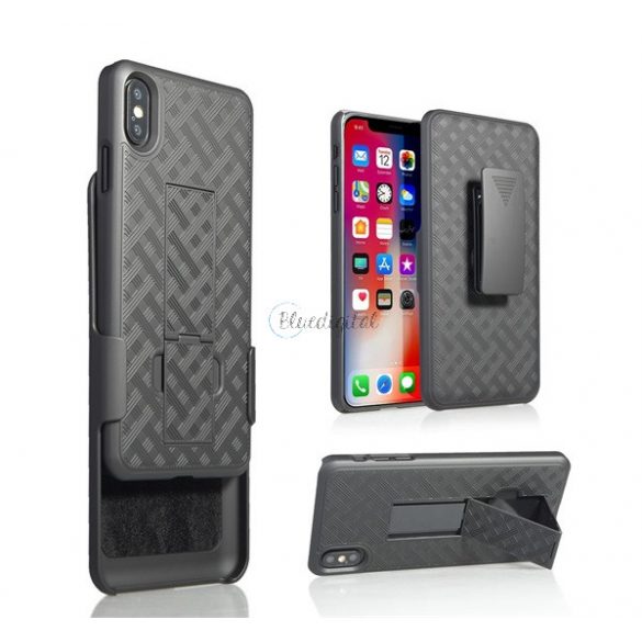 Protector de telefon din plastic Defender (rezistență medie la impact, suport de birou, protecție la 360°, clemă pentru curea, model grilă) NEGRU Apple iPhone XS Max 6.5