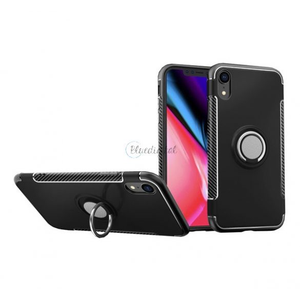 Protectie din plastic pentru telefon (cadru din silicon, functie de suport de birou, inel de suport pentru telefon, placa metalica incorporata, model carbon) NEGRU Apple iPhone XR 6.1