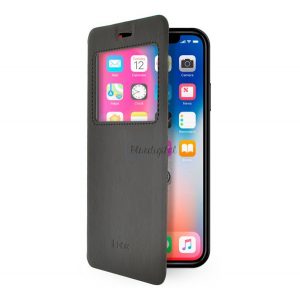 Husă 4-OK în picioare, efect piele (FLIP, deschidere laterală, funcție suport pentru masă, afișare număr de telefon, fereastră de vizualizare) NEGRU Apple iPhone XS Max 6.5