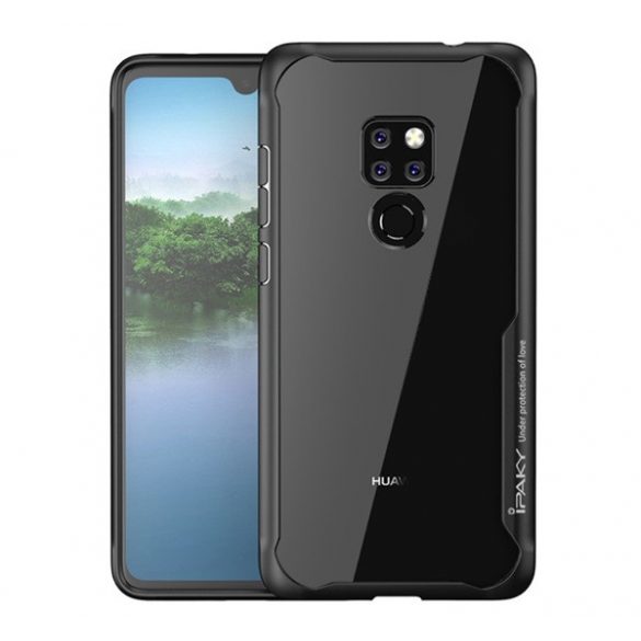 Protectie de telefon din plastic IPAKY (cadru din silicon, rezistenta medie la impact, spate transparent, colt cu perna de aer) NEGRU Huawei Mate 20