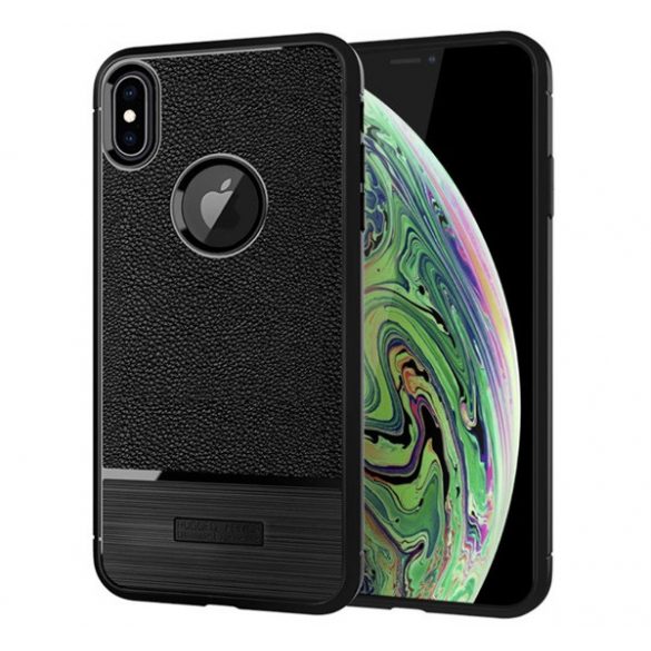 Protector de telefon din silicon (rezistenta la impact mediu, efect piele, periat, decupaj logo) NEGRU Apple iPhone XS Max 6.5