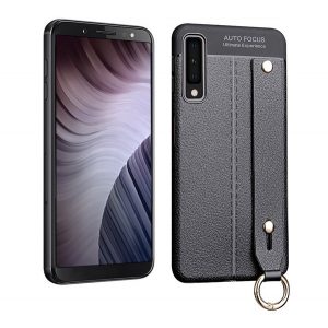 Protector de telefon din silicon (rezistenta medie la impact, functie suport de masa, efect piele, model de cusut + curea de mana) NEGRU Samsung Galaxy A7 (2018) SM-A750F